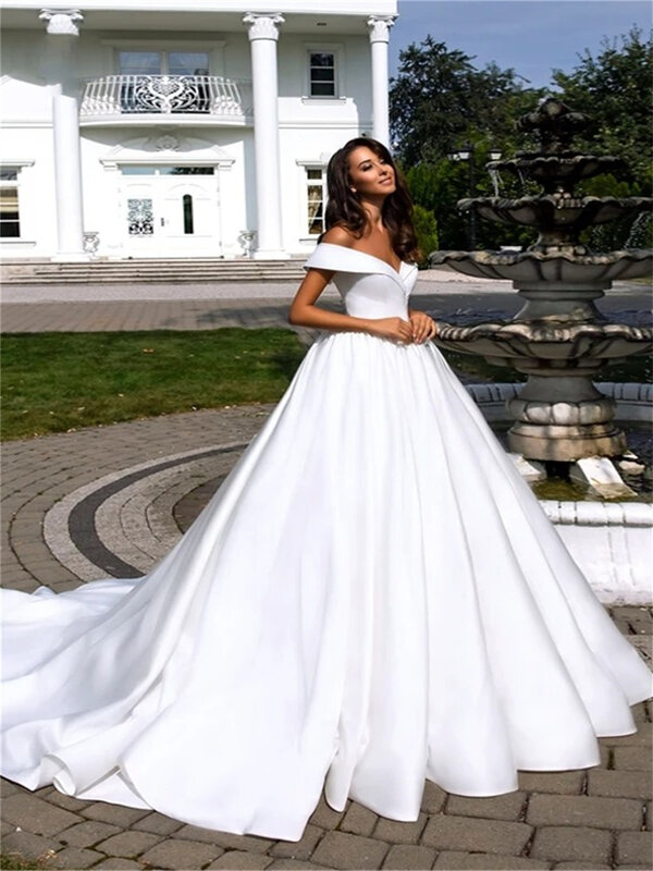 Affascinante abito da sposa con spalle scoperte 2024 elegante abito da sposa in raso romantico abito lungo fino al pavimento Vestidos De Novia