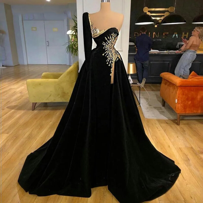 Gaun Fashion untuk wanita elegan seksi Satu bahu lengan mengepel gaun pesta malam mewah panjang manik-manik Decal Musim Panas 2023