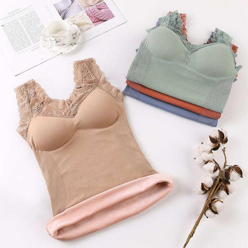 Lady Winter Vest Cozy Chic Women's Winter Vests Padded Plush Lace-trimmed Sleeveless Tops with Wireless Elastic Warmth Wireless