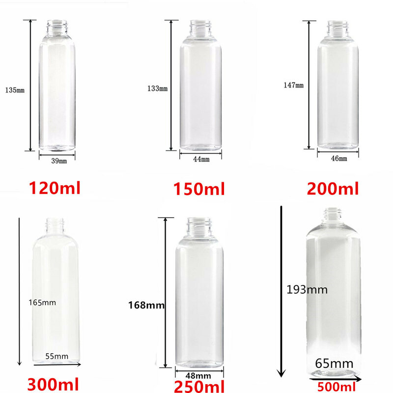 Botellas de plástico vacías, 1oz/2oz, 15/20/30ml/50/100ml, 120ml, 150ml, 200ml, 250ml, 300ml, 500ml, botella transparente PET con tapa de aluminio de plástico