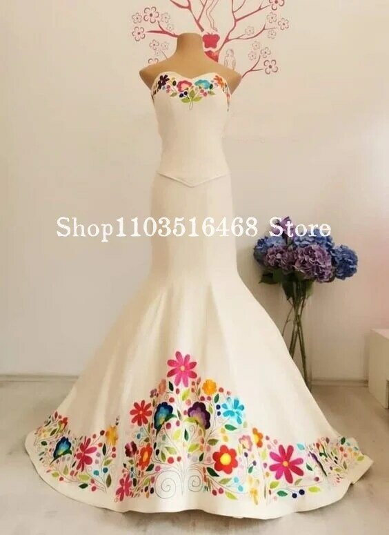 Свадебные платья с цветочной вышивкой, мексиканские платья без рукавов с вырезом сердечком, белые атласные свадебные платья-русалки, платья для вечеринки