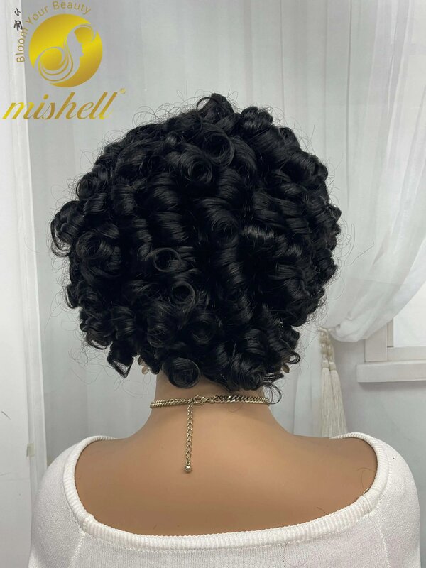 Peluca de cabello humano rizado con flequillo para mujeres negras, 6 pulgadas, 200% de densidad, corto, Natural, Afro, hecho a máquina