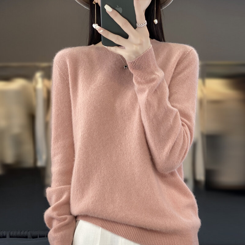 Suéter de cachemira para mujer, Jersey cálido de lana merina con cuello redondo, top de otoño e invierno, novedad de 100%