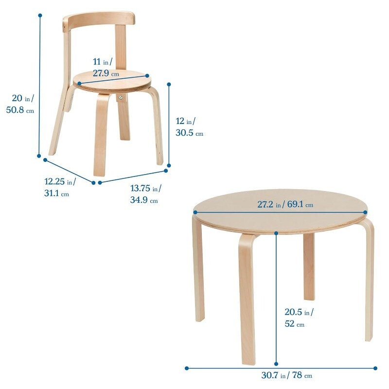 ECR4Kids Set kursi bulat kayu murni dan kursi belakang melengkung, furnitur anak-anak, alami, 5 potong