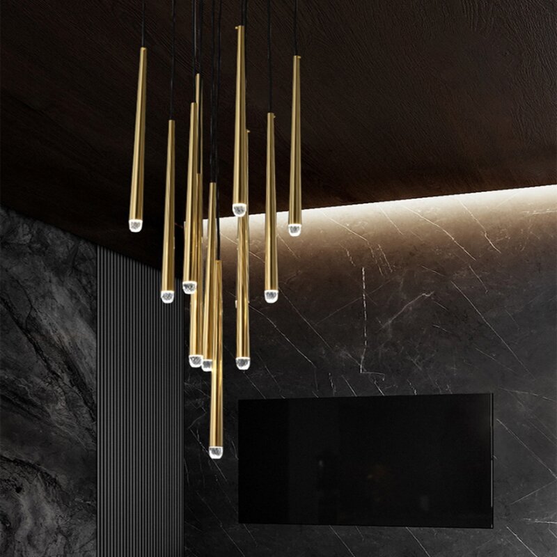 Candelabro LED de cristal de lujo postmoderno, candelabro largo de estilo nórdico, dorado y negro, lámpara colgante de escalera para restaurante