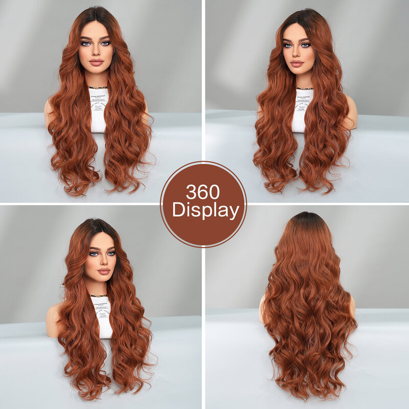 Synthetic Lace Front Wig Long Deep Curly Middle Part Ombre Coppery Brown Wigs Fluffy High Density Pre Plucked HD Lace Front Wig