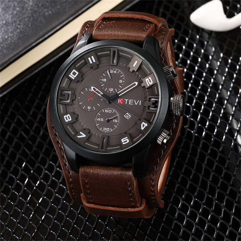 Jam tangan kuarsa mewah untuk pria, arloji olahraga kulit modis dengan fitur tanggal pelajar, jam tangan Chronograph untuk pria
