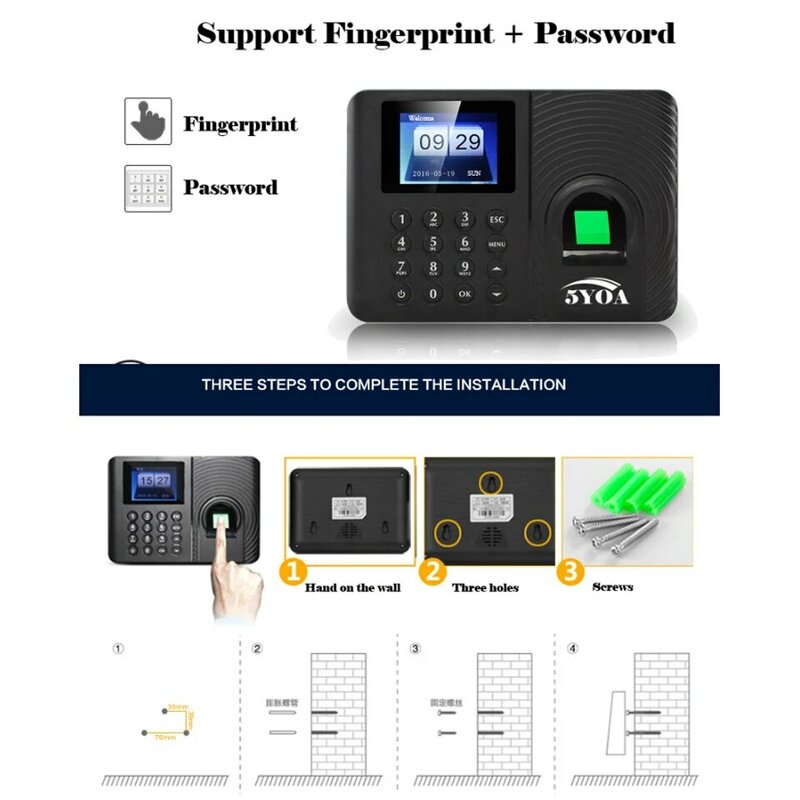 5YOA A10 A01 asistencia biométrica huella dactilar tiempo asistencia reloj grabadora dispositivo de reconocimiento de empleado electrónico