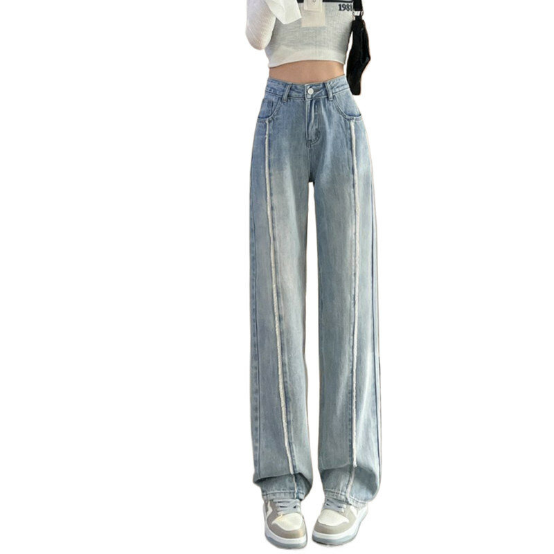 Celana Jeans wanita baru Musim Semi dan Gugur 2024 celana panjang kaki lebar desain modis pelangsing pas longgar pinggang tinggi