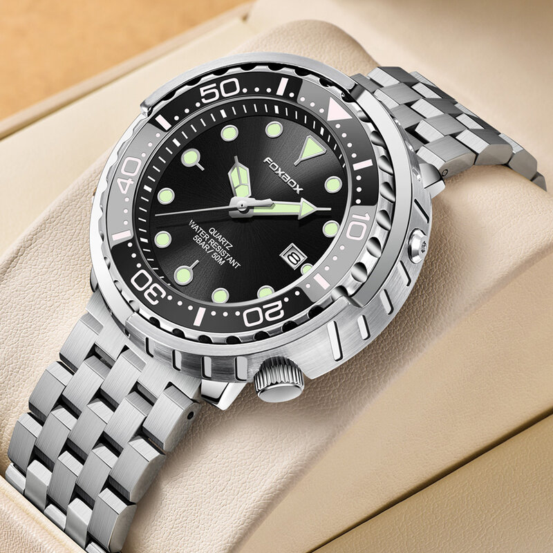 LIGE-Relógio de pulso de quartzo impermeável masculino com moldura de aço, relógio luminoso, relógio esportivo, caixa incluída, 5ATM