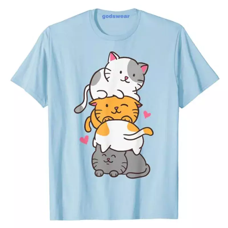 Camiseta gráfica do anime kawaii feminino, camiseta dos desenhos animados, pilha fofa do gatinho, presente Kawaii Neko, roupa estética, blusa casual
