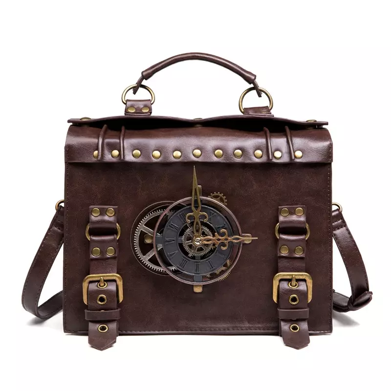 Maletín Steampunk Vintage para mujer, bolso de mano, Cartera de hombro con reloj, bandolera cuadrada de cuero PU, bolso cruzado lateral