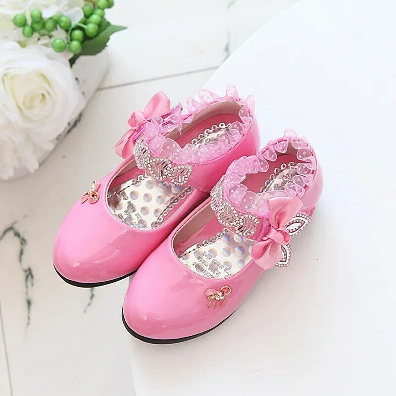 Zapatos de princesa para niña, calzado de baile de tacón alto, zapatos de cuero con diamantes de agua, Mary Jane, primavera y otoño