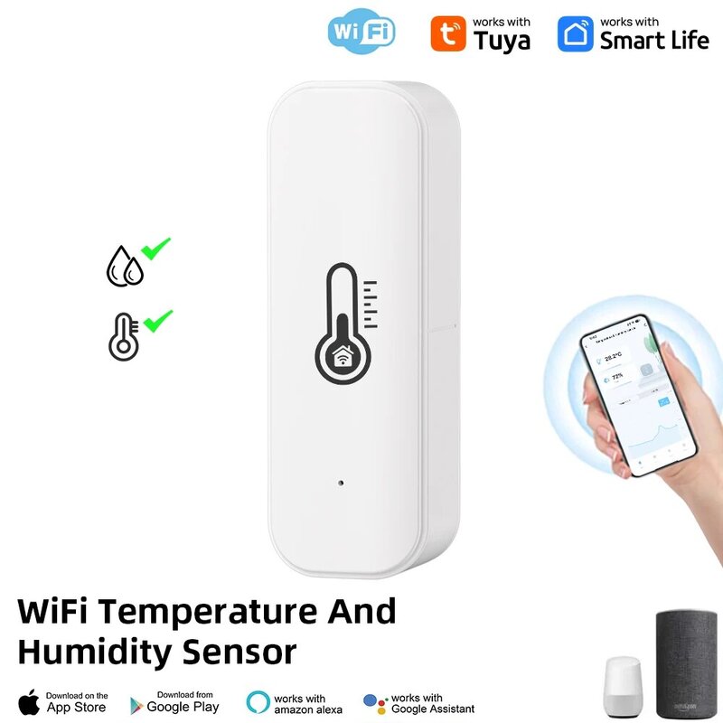 Sensor de temperatura y humedad para interiores, dispositivo con WiFi, Tuya, funciona con batería, monitoreo por aplicación, voz para Alexa y Google Home