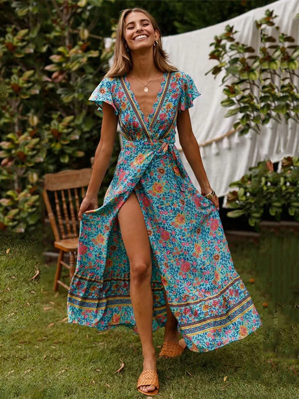 فستان صيفي نسائي طويل بتصميم بوهيمي عتيق مطبوع عليه زهور بأكمام واسعة للشاطئ فستان صيفي بوهو مثير برقبة على شكل V مناسب للحفلات 2023