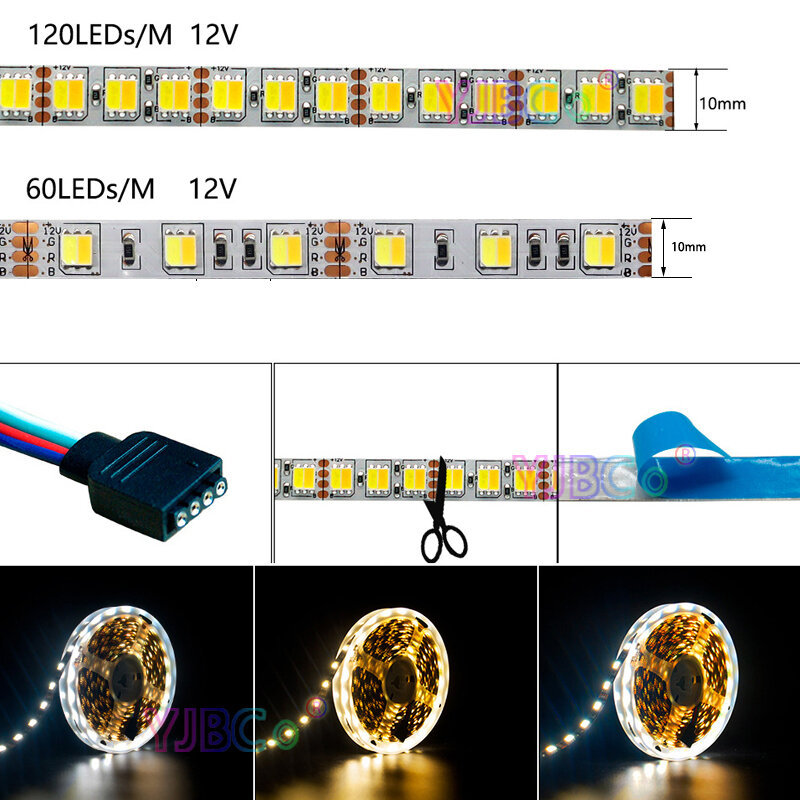Tira de luces LED Flexible, 12V, 24V, CC, 5M (blanco cálido blanco +), CCT, 2 en 1, 120LED/m o 60LED/m, doble Color, SMD 5050