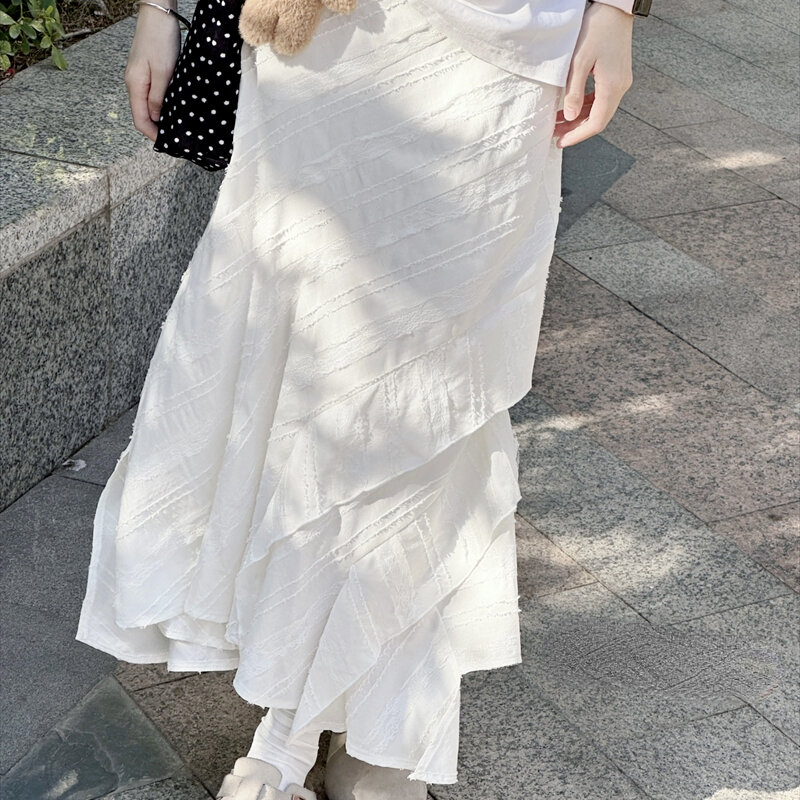 Deeptown rok panjang putih elegan Wanita Ruffle tidak beraturan manis rok panjang pergelangan kaki estetika Fairycore sederhana rok A-line