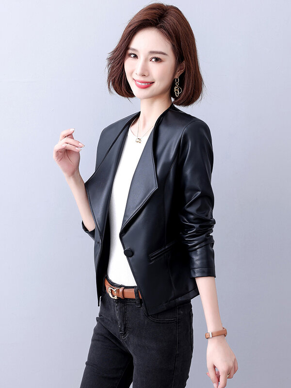 新しい 女性 シングルボタン レザージャケット 春 秋 ファッション 深いVネック 長袖 スリムブレザー スプリットレザー ショートジャケット