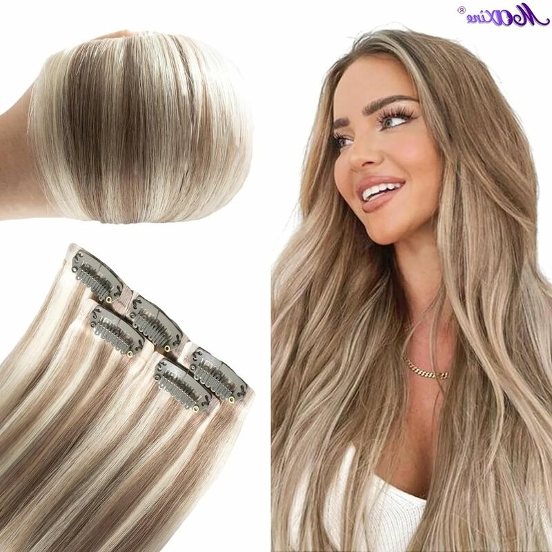 Hair Extensions Real Human Hair Ash Brown Highlights Platinum Blonde Clip in Hair Extensions 5pcs 30g 16 Inch Remy Hair Seamless