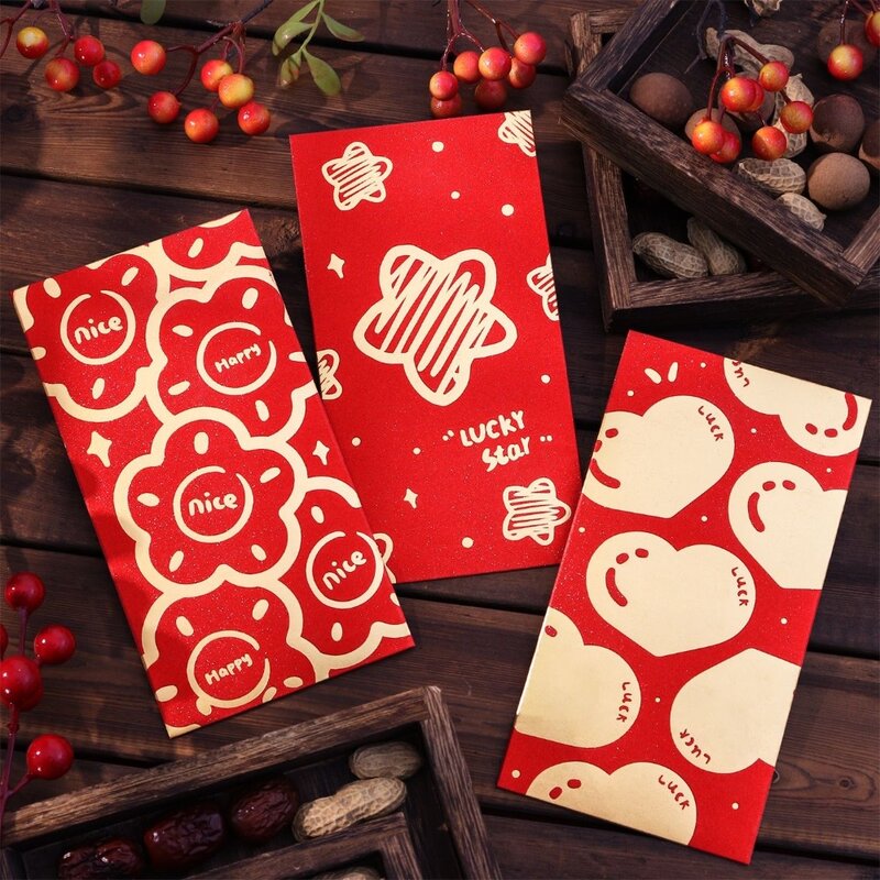 6 Stück quadratisches Rechteck chinesisches neues Jahr roter Umschlag heißes Stempeln Stempel Design Glücks geld Tasche Drachen muster glänzend