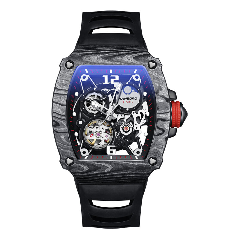 HANBORO-Relógio masculino de luxo com caixa, fibra de carbono automática, vento automático, relógio mecânico, marca de topo, relógio mecânico, 2022