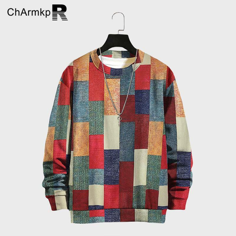 ChArmkpR modna 2024 wiosenne jesienne męskie bluzy z kapturem patchworkowe z długim rękawem wycięcie pod szyją luźne pulowerowe topy Streetwear