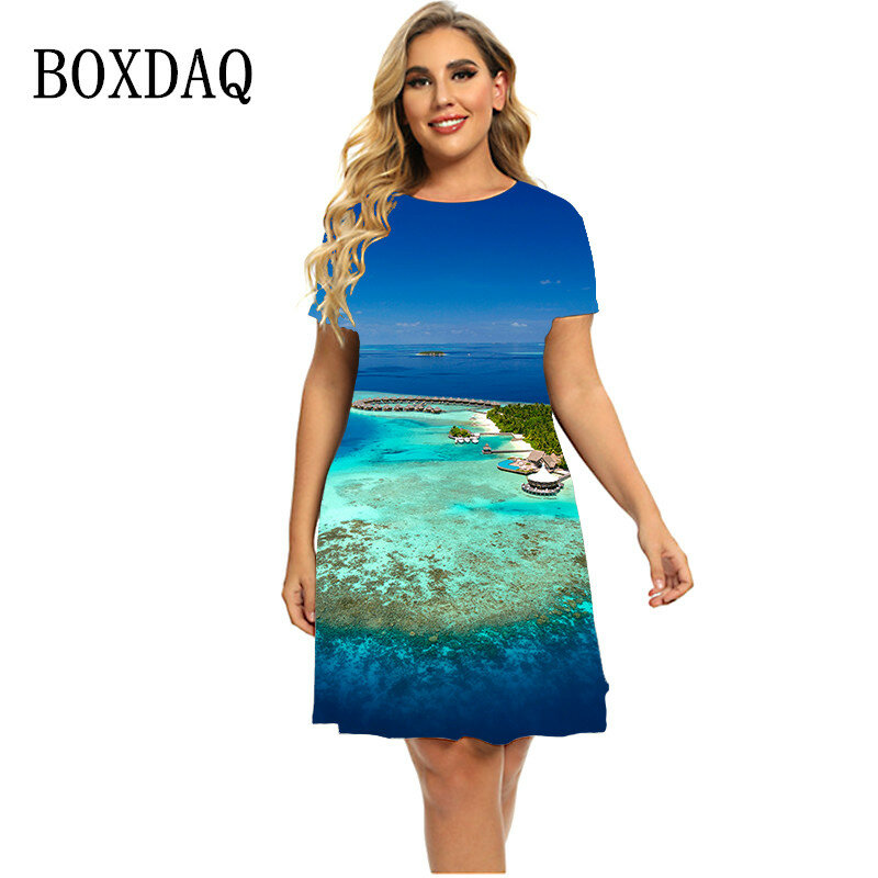 Vestidos de paisaje de Maldivas para verano 2023, moda de manga corta, vestido informal para vacaciones en la playa, ropa holgada de talla grande para mujer 6XL