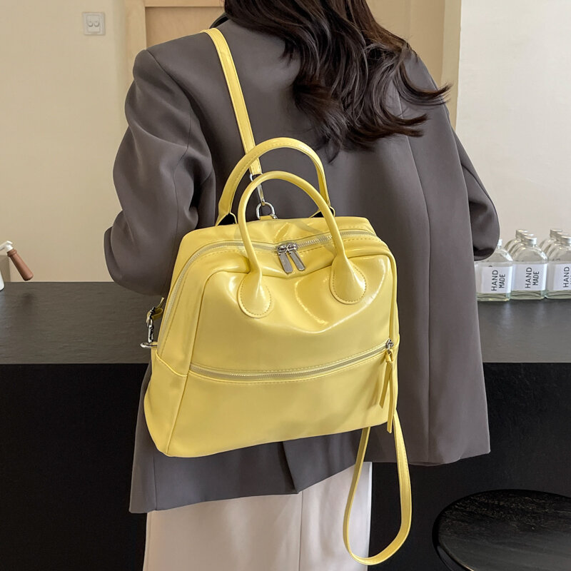 Ransel kulit Pu kecil wanita desain kuning Y2K Musim Panas 2024 ransel warna polos Mode Korea ransel perjalanan wanita