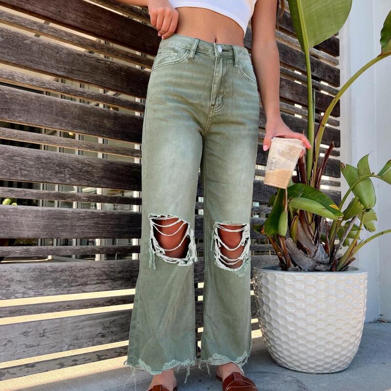 Женские джинсы высокого качества, винтажные женские рваные расклешенные джинсы с высокой талией, потертые джинсовые брюки с накладными карманами, свободные