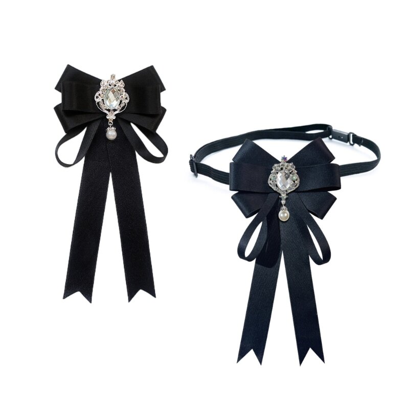 Vintage perłowa muszka z błyszczącymi cyrkoniami regulowana spinki biżuteria francuska broszka kobiety elegancki kryształowy wisiorek krawat