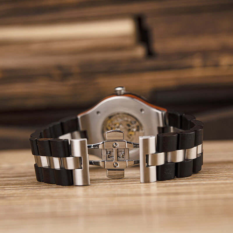 Męskie zegarki mechaniczne drewno i stal nierdzewna w połączeniu wielofunkcyjny chronograf odporna na zarysowania szklane zegarek na prezent męskie