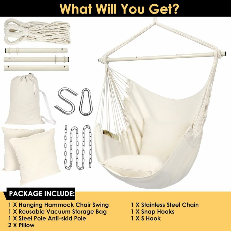 Y- STOP Hammock Chair Hanging Rope Swing, Max 320 libbre, 2 cuscini di seduta inclusi, sedia sospesa con tasca