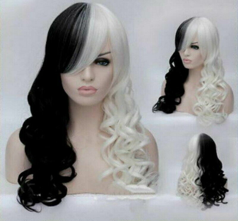 Nowe czarne białe syntetyczne damskie długie peruki z kręconymi włosami