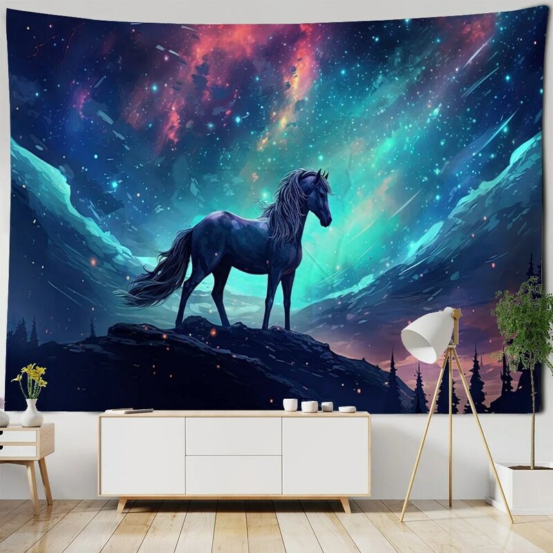 Starry Sky Pegasus Art Decoration tapestry, dreamy cartoon background cloth, hippie animal bedroom, dormitorio appeso a parete