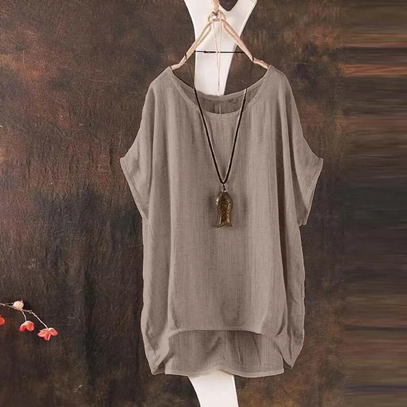 Blusa de linho de algodão feminina, manga curta, decote em O, taco, casual, blusa solta, pulôver plus size, camisa feminina, 2023
