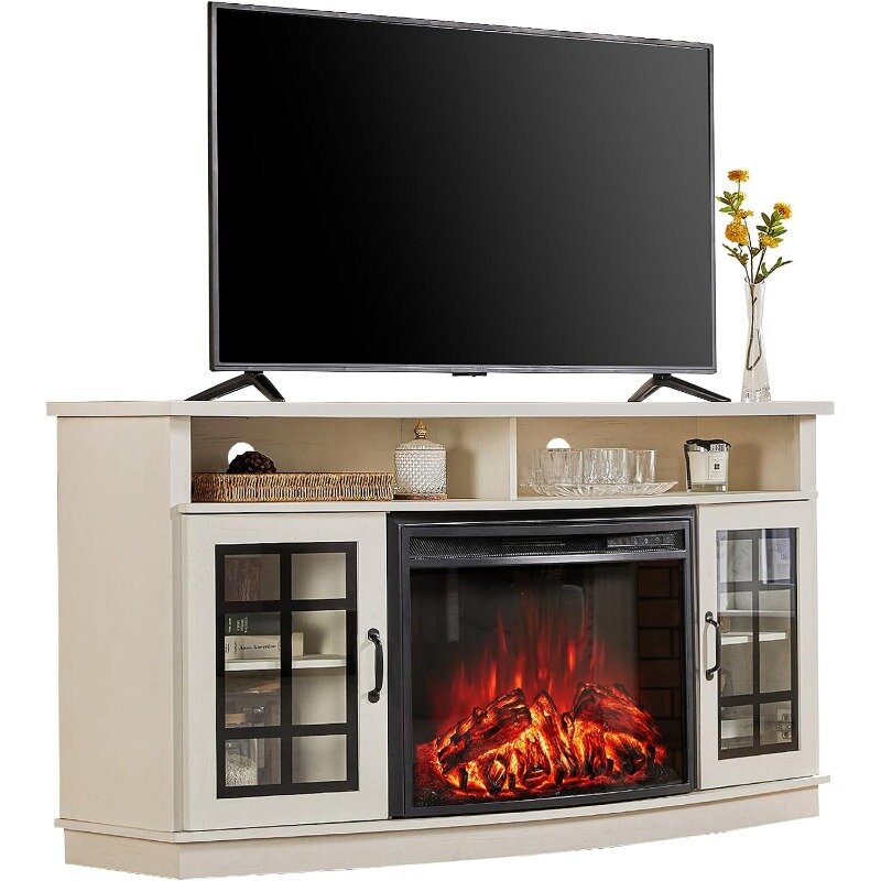 Armario de TV curvo con chimenea eléctrica de 26 "para televisores de hasta 65", consola de TV con mesa de almacenamiento de vidrio de granja D