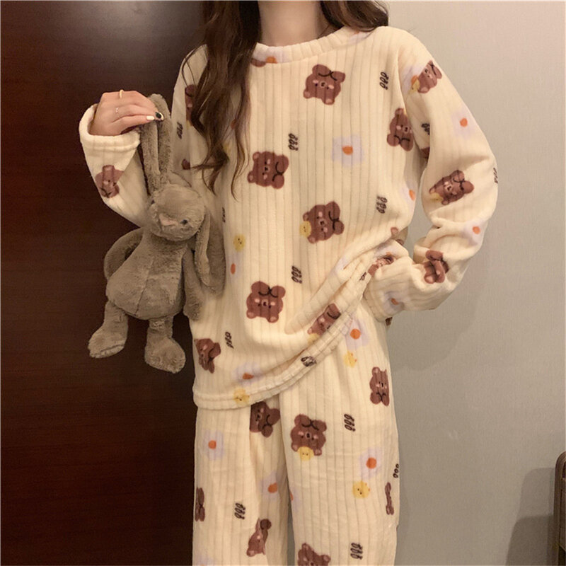Conjunto de pijama de flanela quente feminino, pijamas de veludo coral grosso, manga longa, desenhos animados, outono, inverno, 2 peças