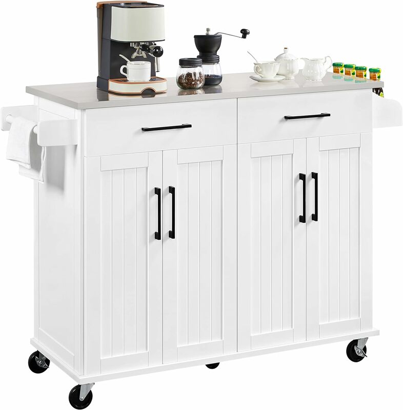 Yaheetech Kitchen Island Cart with Stainless Steel Countertop, 50.5" Width Kitchen Island on Wheels with Storage Cabinet