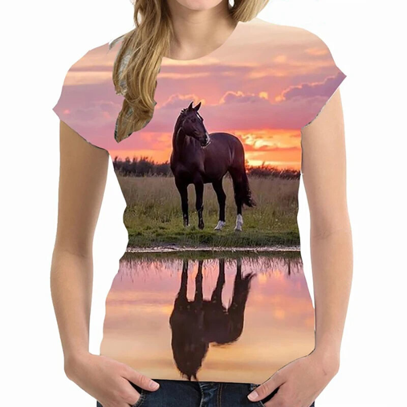 Summer Women's T-shirt Horse 3D Animal Print Women's Street Personalized Clothing Casual Short Sleeved Top Harajuku Girl