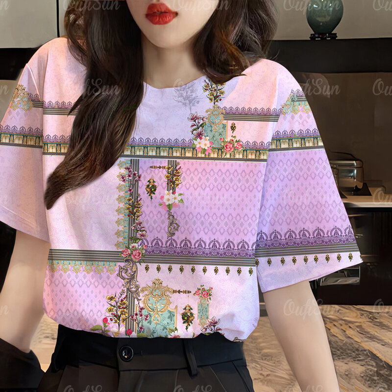 3D Flower Printing T-shirts For Women Spring/Summer Casual Baroque Round Neck Short Sleeves Tees Fashion Loose Women's clothing