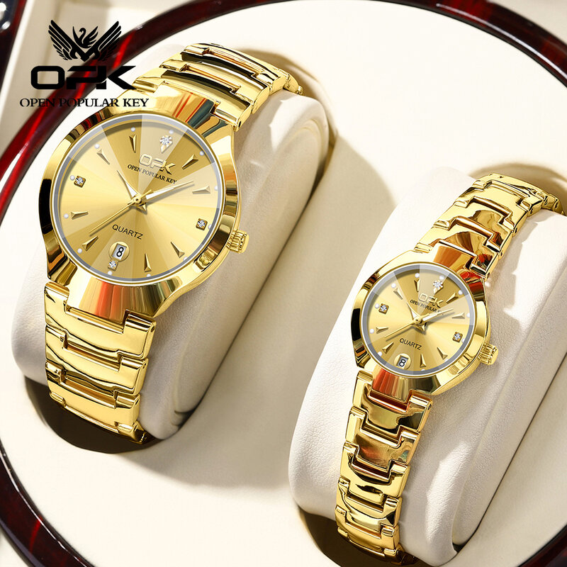 OPK-Relógio Quartz em Aço de Tungstênio Masculino e Feminino, Todo Dourado, Impermeável, Luxo, Elegante, Data, Semana, Casal, Fashion