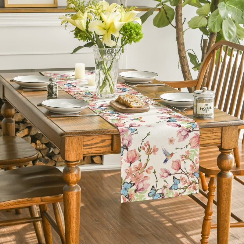 Flowers Bird Butterfly Spring Table Runner, Seasonal Kitchen Dining Table Decoration for Home Party Decor