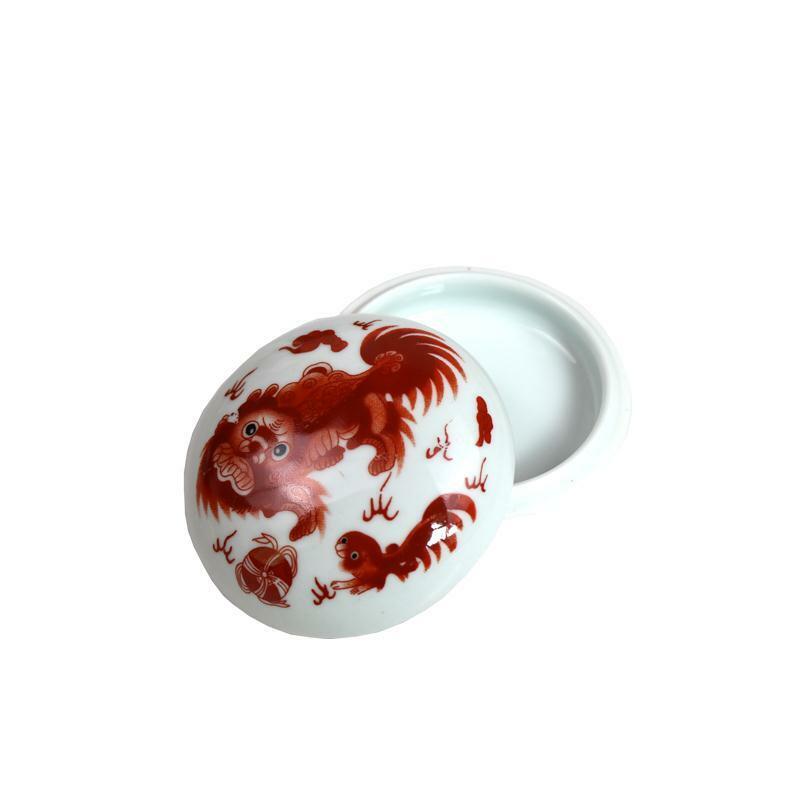 Guangzu Tang Jingdezhen-caja de tinta con patrón de León rojo y blanco, tanque de tinta, cuatro tesoros de estudio, caja de porcelana