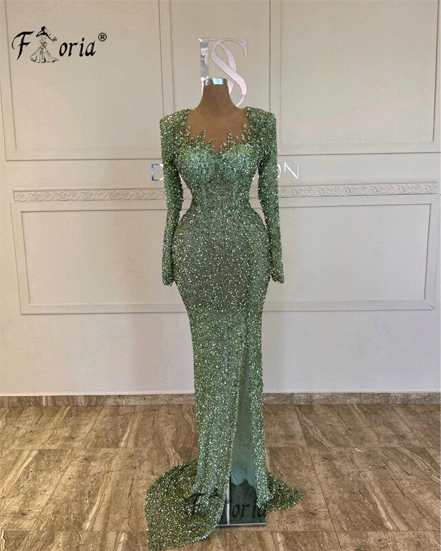 Świecący cekin koraliki Dubai suknie balowe z długim rękawem syrenka formalna suknie wieczorowe zielona arabska damska suknia ślubna