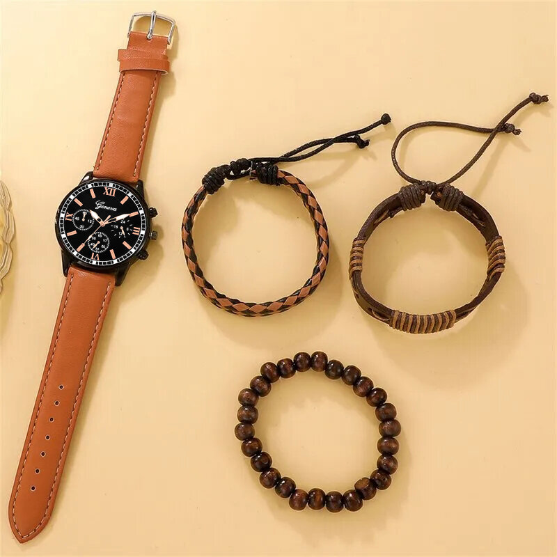 4 pezzi Set moda uomo orologi da lavoro per uomo in pelle marrone corda a mano Luxury Man Sport Casual orologio da polso al quarzo Reloj Hombre