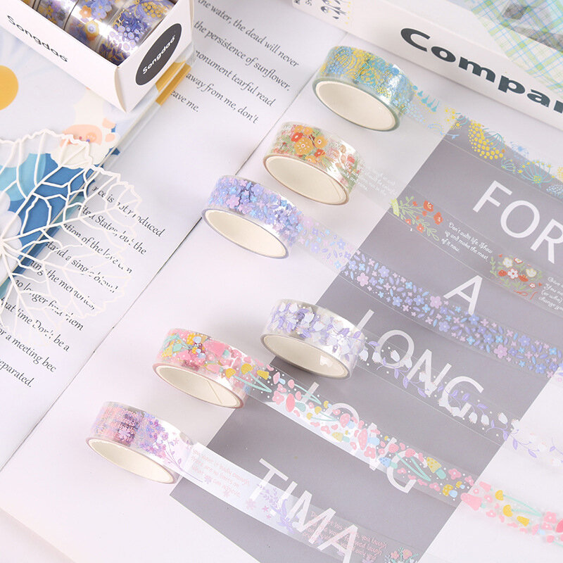 Cinta adhesiva transparente Kawaii DIY, Material decorativo, cuaderno de bocetos, suministros escolares, papelería japonesa, 5 rollos
