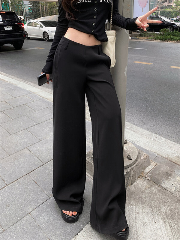 PLAMTEE Chic Low Waist Pants Mopping Solid Office Lady 2024 Sexy Loose Streetwear Spring Work Wear Slim Straight Casual New