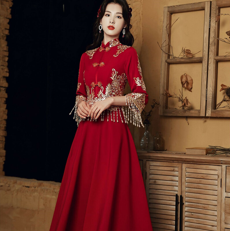 Винтажное свадебное платье бордового цвета, вечернее китайское платье с воротником-стойкой, потрясающая свадебная одежда для невесты, элегантный темпераментный чонсам