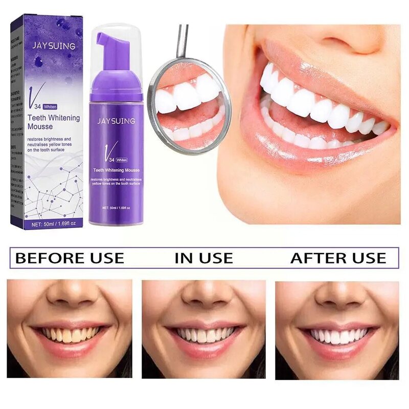 Dentes Whitening Cleansing Mousse, Remove manchas e higiene oral, Creme dental inoxidável, L2F3, V34, 50ml