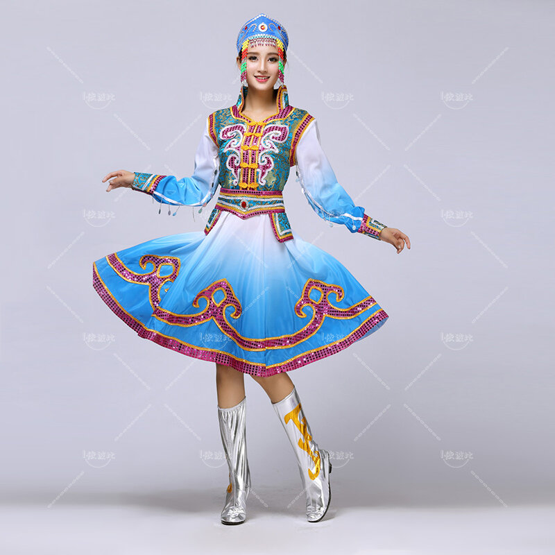 عرض ملابس منغولية للنساء ، أداء رقص مربع الأقلية العرقية ، خدمة الرقص ، فستان مسرح للكبار ، تنورة بندول